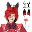 FantaLook Medium Red and Black Cosplay Wig with Harns Ears Glasses for Halloween
