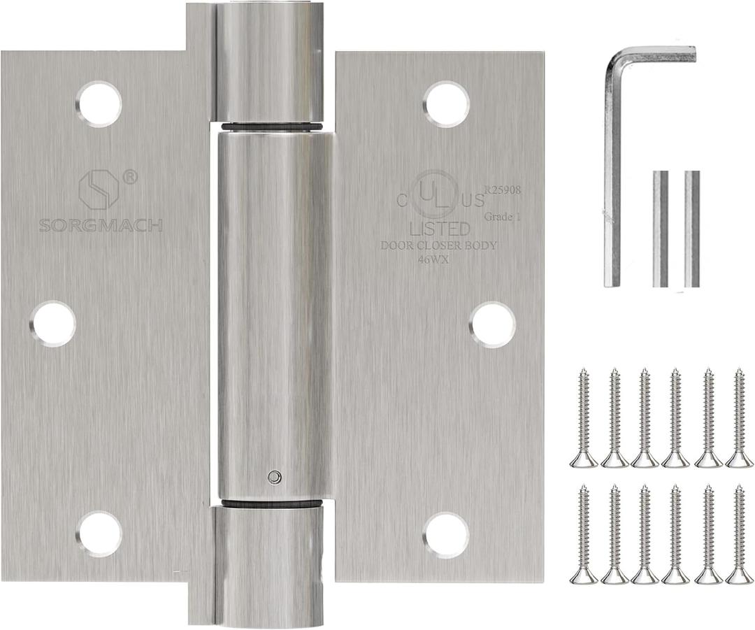3 Pack Self Closing Door Hinges 3.5 inch Satin Nickel Door Hinges Spring Loaded Auto Close Hinges Square Corners Adjustable Tension for Interior Door 3 1/2 Auto Self-Closing Hinge