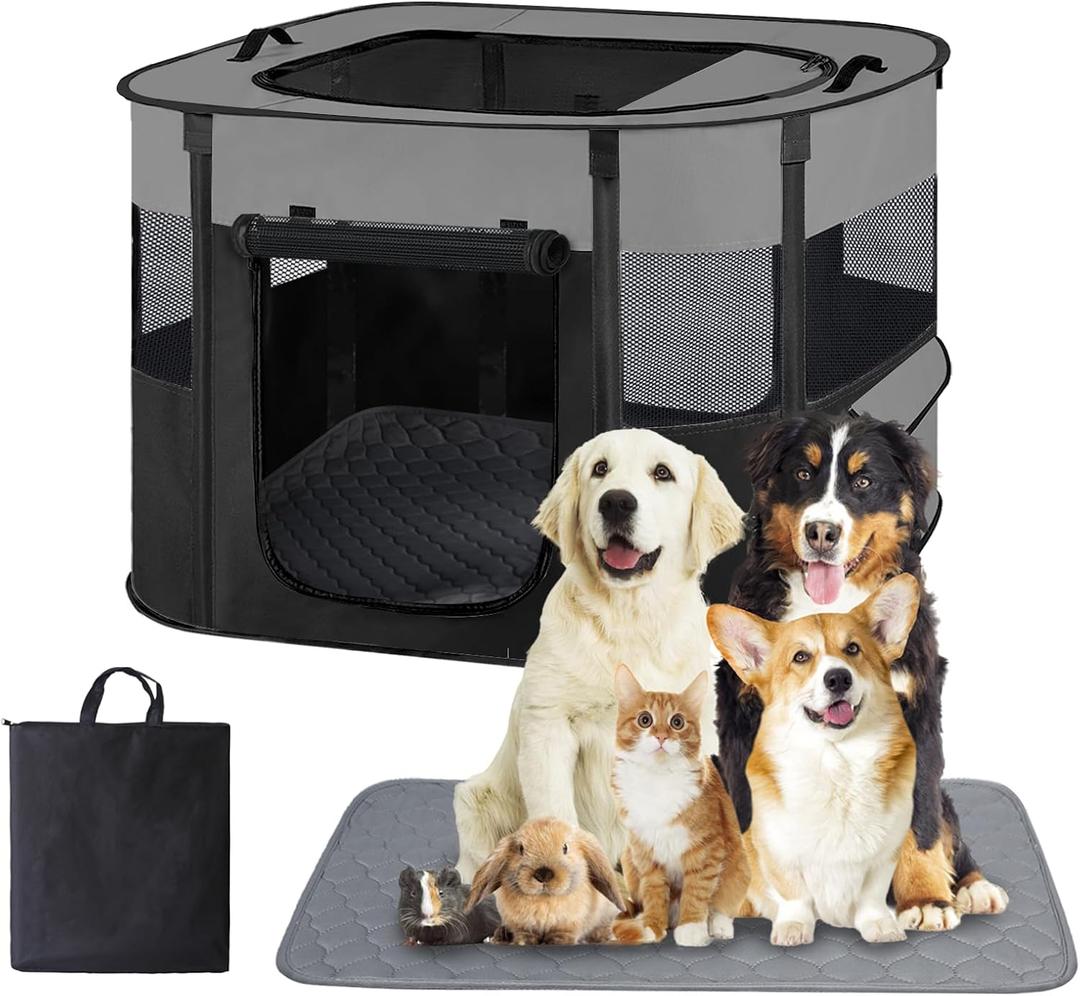 Portable Dog Cat Playpen with Waterproof Pad,Collapsible Pet Puppy Kitten Crate,Foldable Small Animals Kennel Cage for Indoor Outdoor Travel Camping,Water-Resistant Breathable Shade Cover (Grey M)
