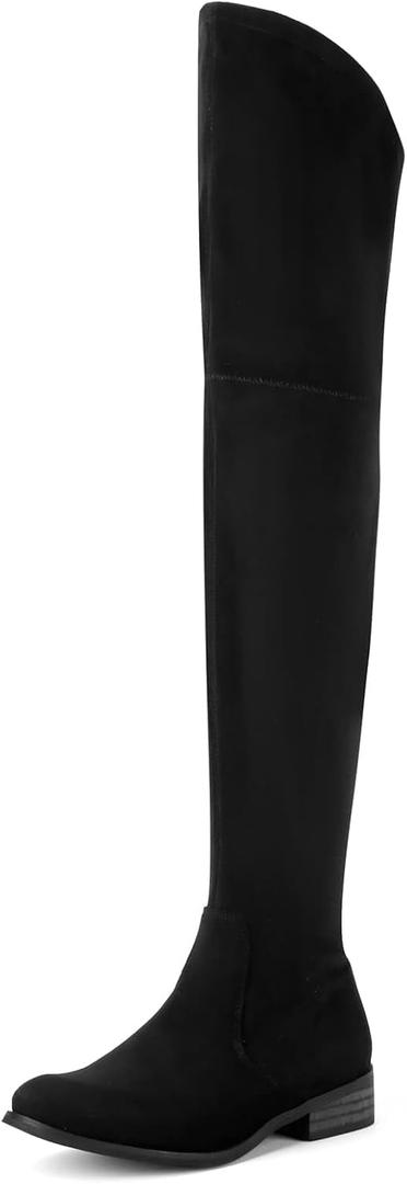 Shoe'N Tale Women's Over The Knee Boots Thigh High Low Block Heel Pointed Toe Long Stretch Boots (Size 6, Black)