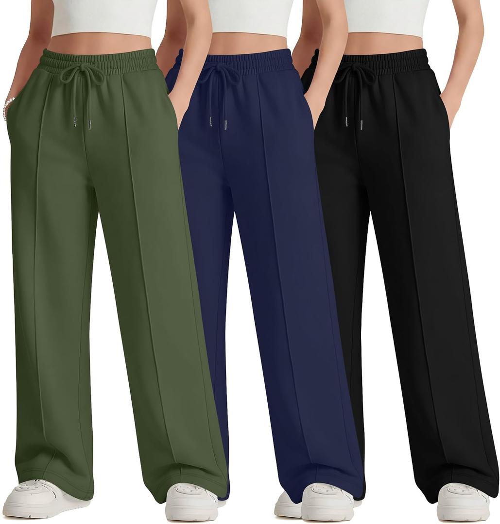 LessonZoo 3 Pack Girls Wide Leg Sweatpants Drawstring Baggy Pants Teen Girls Athletic Joggers Pants with Pockets 5-14Y(Army Green, Navy Blue, Black,9-10 Years)