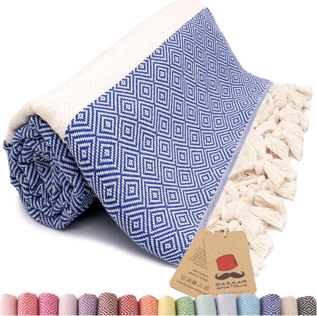 Bazaar Anatolia Turkish Beach Towel  100% Cotton, Quick Dry, Sand Free Towel for Bathroom, Camping, Travel, Royal Navy  Oversized 71x39 Inches  Diamond Dark Blue