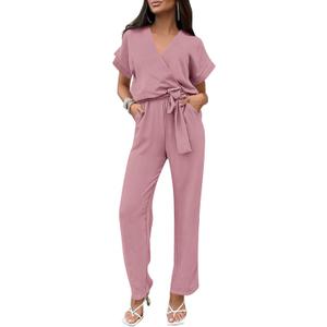 PRETTYGARDEN Women's One Piece Jumpsuits Dressy Casual Summer Short Sleeve Wrap V Neck Wide Leg Pants Romper Spring Clothes (Pink, S)
