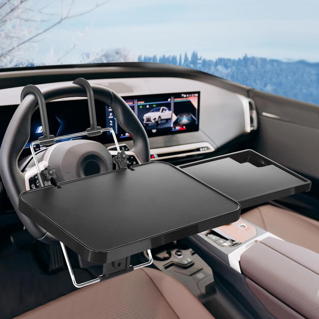 Large Car Steering Wheel Tray Back Seat Headrest Steering Wheel with Phone Holder Desk Food Table for Eating Food Drink and Writing Work, Car Desk Laptop Mount Gifts for Truck Driver(2 in 1)