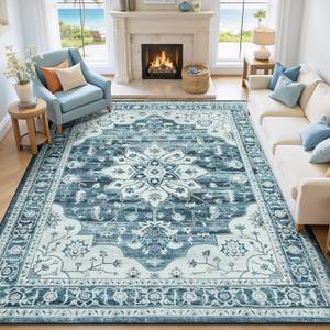 8x10 Area Rugs for Living Room, Blue White Boho Large Washable Rug