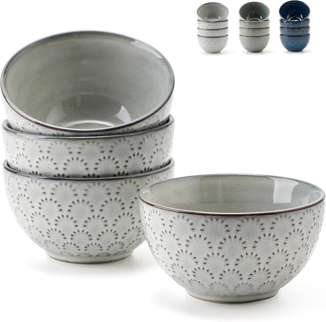 Ceramic Bowls Set of 4, 4.5" Embossment Design Porcelain Soup/Cereal/Rice Bowls for Kitchen, 11.8 Fl Oz Small Bowl Set for Entertaining, Dinner, Housewarming Gift Idea-Grey