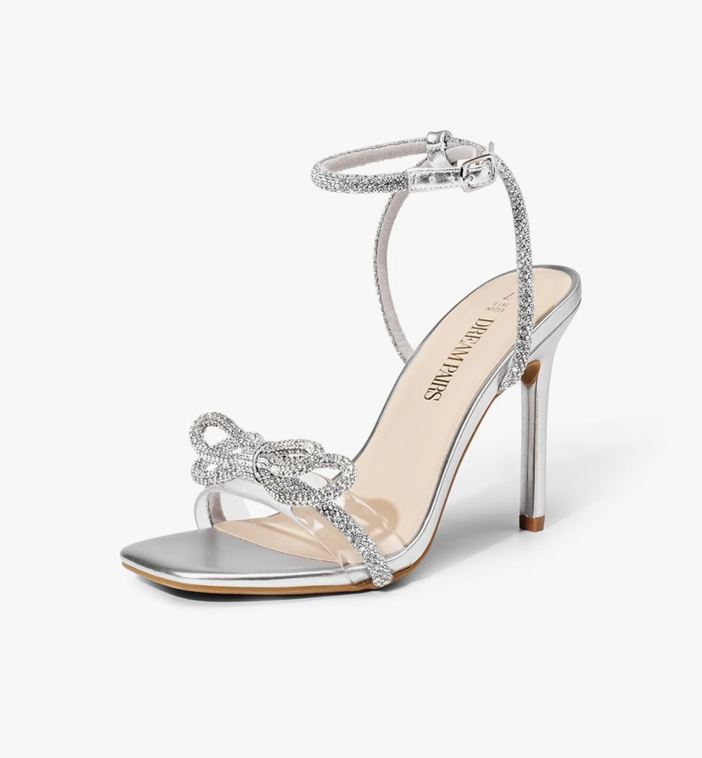 DREAM PAIRS Women's Double Bowknots Crystal Sandals Clear Slingback Heels Square Toe Shoes for Party Wedding Size 7.5