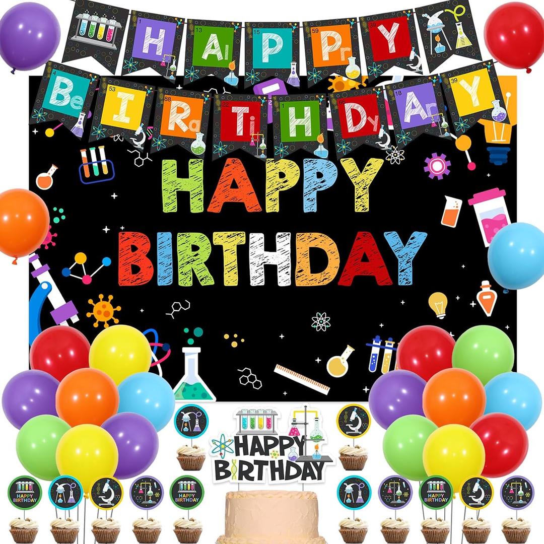 Science Birthday Party Decorations Boy Girl - Science Happy Birthday Backdrop Banner Cake Toppers Balloons, Chemistry Party Supplies Favors