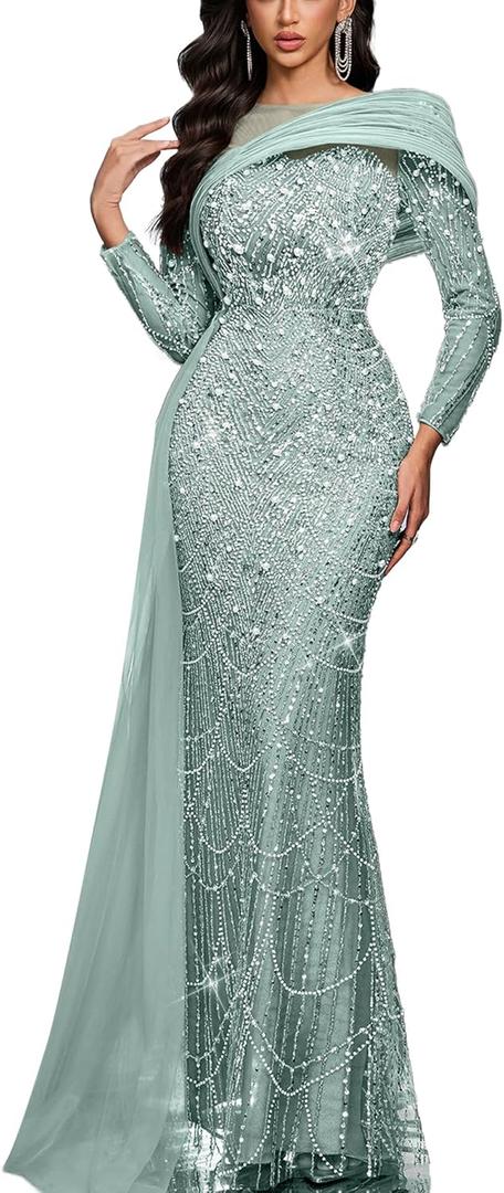VOUIAO Women Sequin Beaded Mermaid Formal Evening Gown Long Sleeve Prom Dress Bodycon Wedding Guest Party Cocktail Maxi Dress Mint Blue M