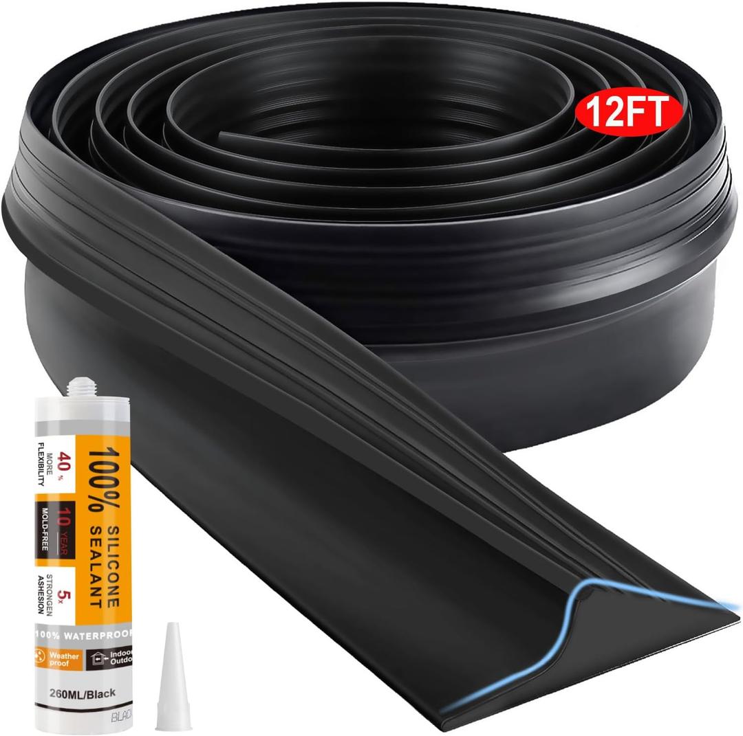 Jin&Bao Universal Garage Door Threshold Seal Strip 12FT Kit, Bottom Waterproof Rubber Weather Stripping ReplacementBlack, 1 Adhesive