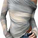 RoseSeek Women's Off Shoulder Tie Dye Mesh T Shirt Long Sleeve Asymmetrical Hem Ruched Fitted Tee Tops Large
