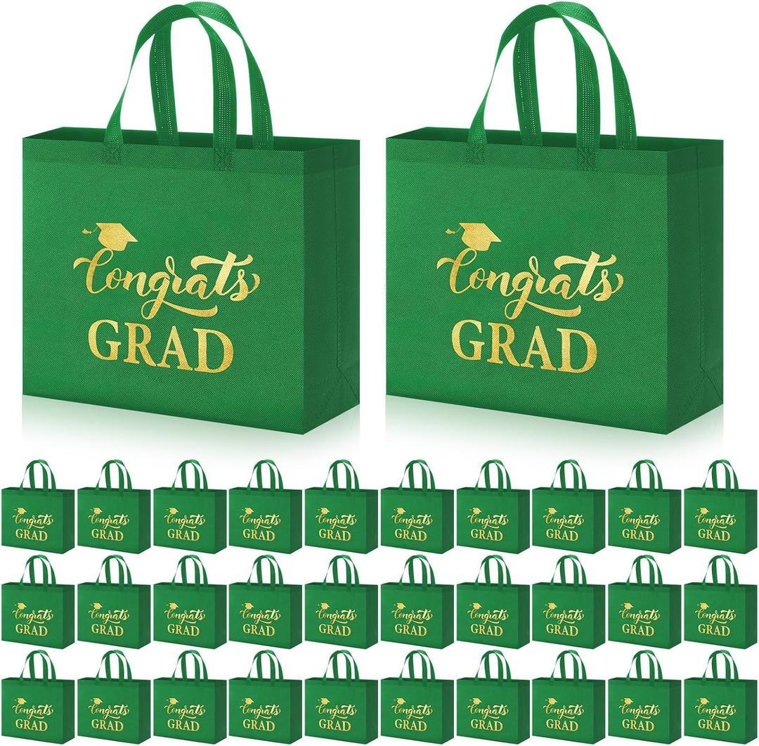JaGely 30 Pcs 2026 Graduation Gift Bags with Handles Bulk Reusable Non Woven Congrats Grad Tote Bags 11 x 12 x 5 Inch Graduation Party Favors for College High School Graduate Decorations(Green)