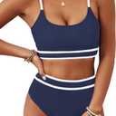 BMJL Women's High Waisted Bikini Ribbed Two Piece Swimsuit High Cut Color Block Adjustable Straps Bathing Suit (Medium, Navy Blue043)