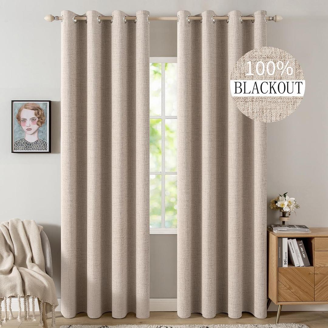 MIULEE 100% Blackout Linen Textured Curtains for Bedroom Solid Thermal Insulated Natural Beige Grommet Room Darkening Curtains & Drapes Luxury Decor for Living Room Nursery 52 x 84 Inch (2 Panels), Beig