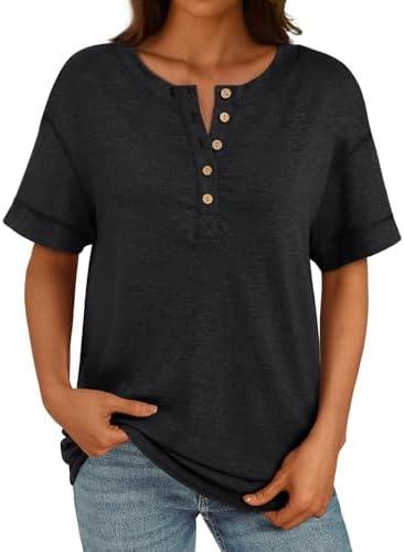 AUTOMET Womens Short Sleeve Henley Shirts Summer Dressy Casual Flowy Tops Loose Fit Basic Trendy Fashion Blouses 2025 Black M