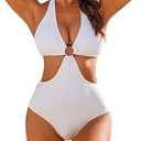 Women's One Piece Swimsuits Tummy Control O Ring Cutout High Waisted Bathing Suit Tie Back Swimwear (Medium)