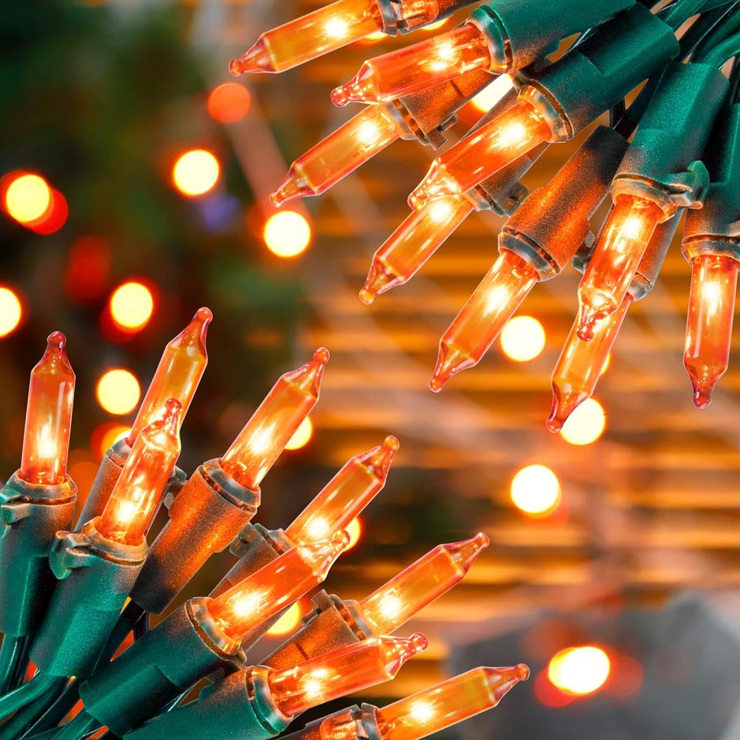 Hopolon Orange Halloween Lights, 2PACK 13ft 50 Orange Lights String,120V Fall String Light, Plug in Green Wire Fall Light Waterproof for Spooky Thanksgiving Party Decor(2pcs)
