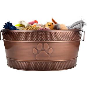 BREKX Indestructible Metal Dog Toy Bin - Copper Galvanized Storage Bin with Handles, Dog Toy Box for Dog Chew Toys, Blankets, & Leashes, Paw Pet Toy Box (25-Quart)