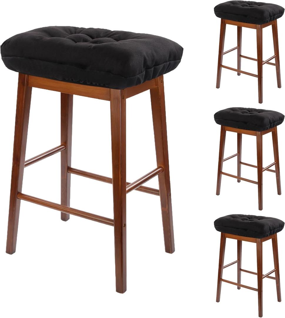 Rectangular Stool Cushion Set of 4, Soft Saddle Stool Cushions with Ties, Nonslip and Washable, Black, 18 x 10.5 x 4 Inch, Pack of 4