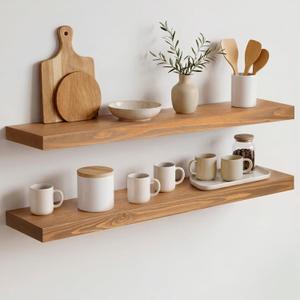 Homeforia 30 inch Golden Oak Floating Shelf, High End Solid Real Wood 30inch Small Floating Shelves for Wall Mounted, Oak Wooden 30in Floating Shelves, Heavy Duty Bracket, 30 X 6.5 X 1.75 in, Set of 2