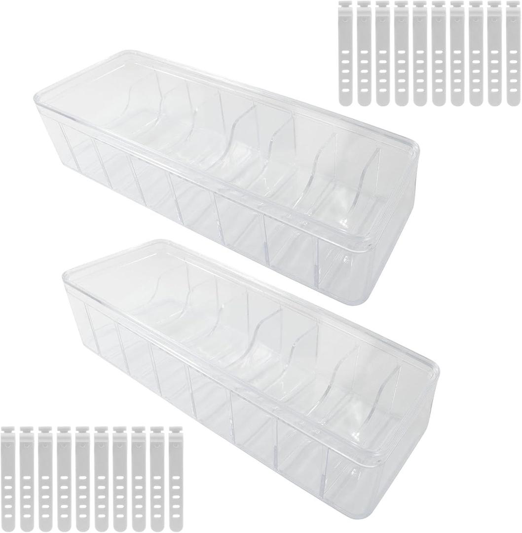 2 Pcs Clear Cord Organizer with 20 Wire Ties, Plastic Cable Management Box with Lid, Desktop Storage Box for Home/Office/Desk Accessories