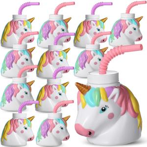Mifoci 12 Set Unicorn Birthday Party Favor Gift Cups with Straws, 10 oz Plastic Unicorn Shape Cup Reusable for Girls Birthday Baby Shower Party Supplies (Pastel Color)
