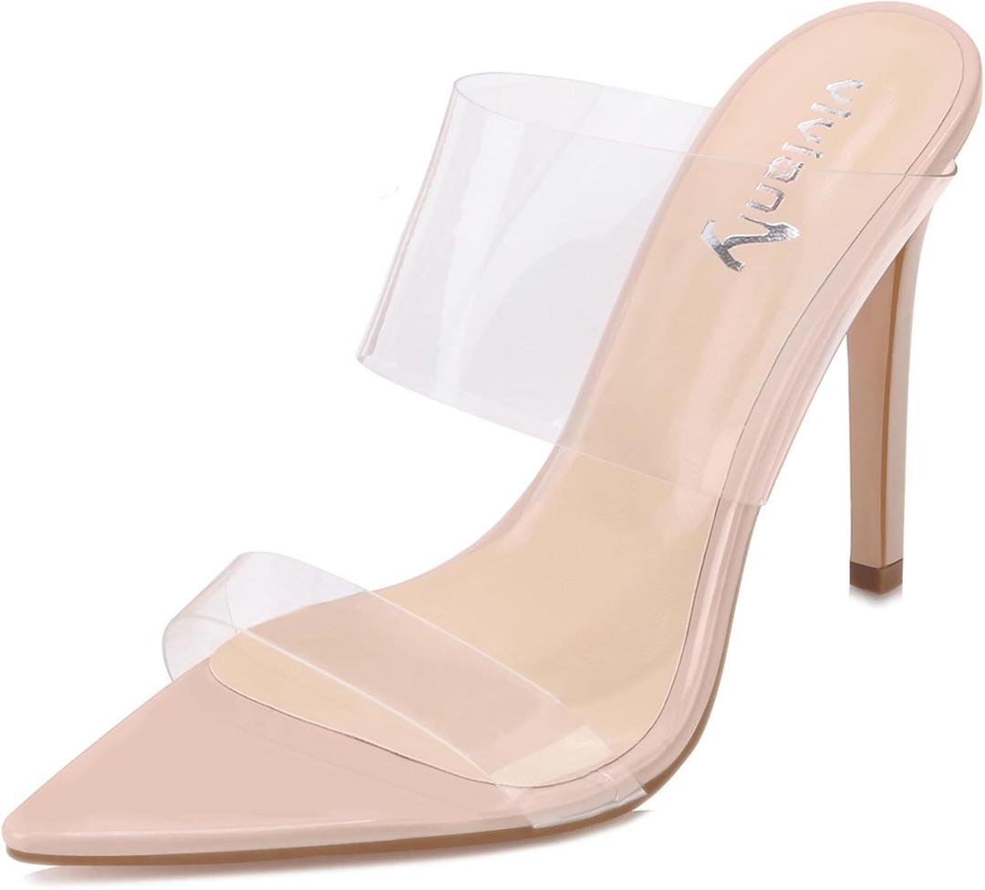 vivianly Clear Pointed Toe Heels Sandals Transparent Strap Stiletto High Heels Slip on Mules for Women (8, 4.33in -Nude)