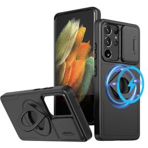 ANNGELAS for Samsung Galaxy S21 Ultra Mag-Safe Kickstand Case with Slide Camera Cover,Slim Shockproof Military Heavy Duty Anti-Drop Full Body Protection,360 Rotating Stand Magnetic Phone Case(Black)