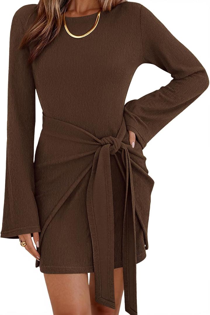 Dowerme Women's Casual Mini Dress 2026 Bell Long Sleeve Boat Neck Tie Waist Bodycon Dresses Knitted Party Fall Outfits (Brown, XXL)