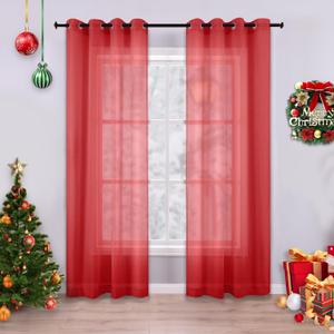 KOUFALL Red Curtains 96 Inches Long for Living Room Set of 2 Panels Grommet Window Voile Semi Transparent Red Sheer Curtains Drapes for Bedroom 52x96 Inch Length