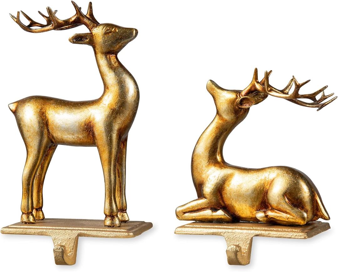 Glitzhome Christmas Stocking Holder, Set of 2 Gold Resin Standing & Sitting Reindeer Hanger Hooks for Fireplace Counter Window Xmas Holiday Decoration
