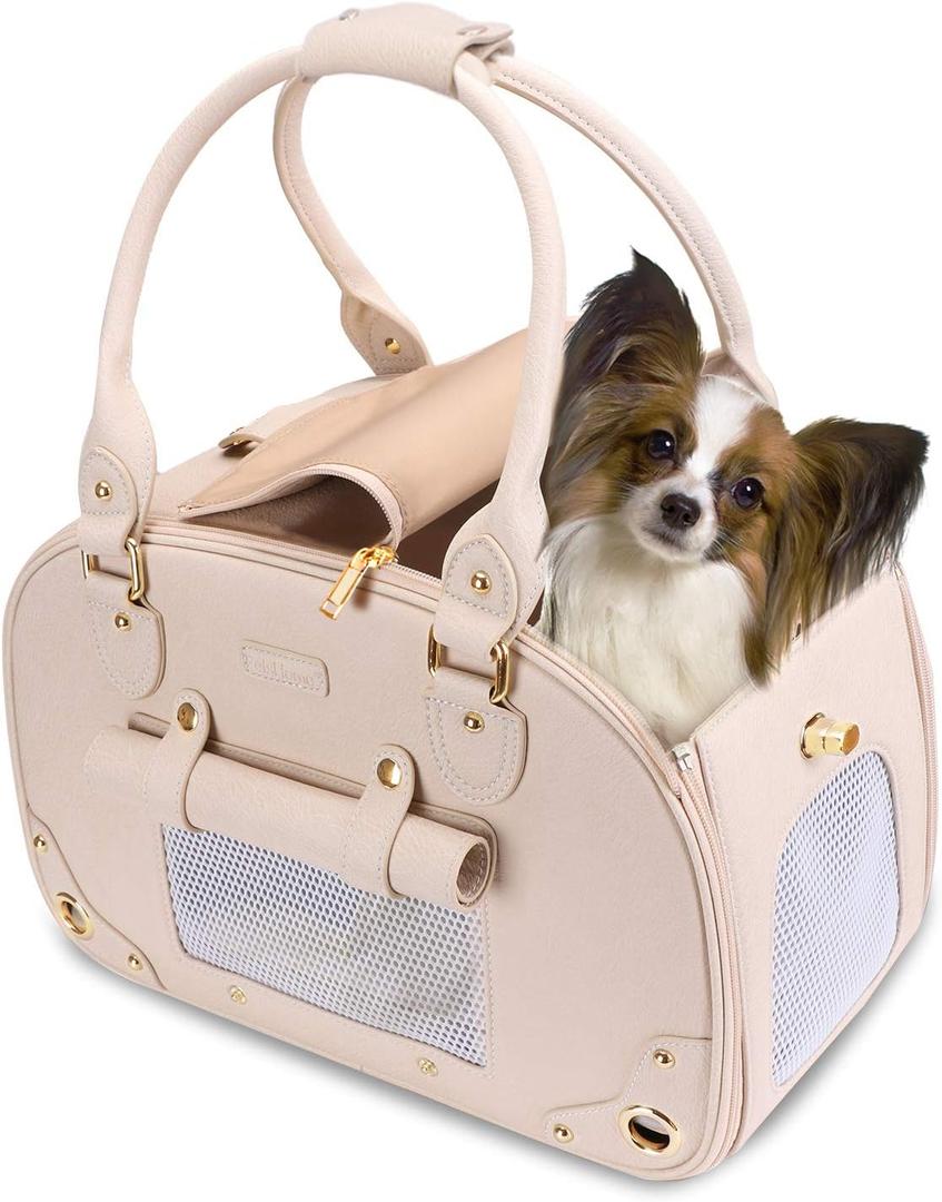 PetsHome Dog Carrier Purse, Pet Carrier, Cat Carrier, Foldable Waterproof Premium Leather Pet Travel Portable Bag Carrier for Cat and Small Dog Home & Outdoor Beige (Small (Pack of 1))