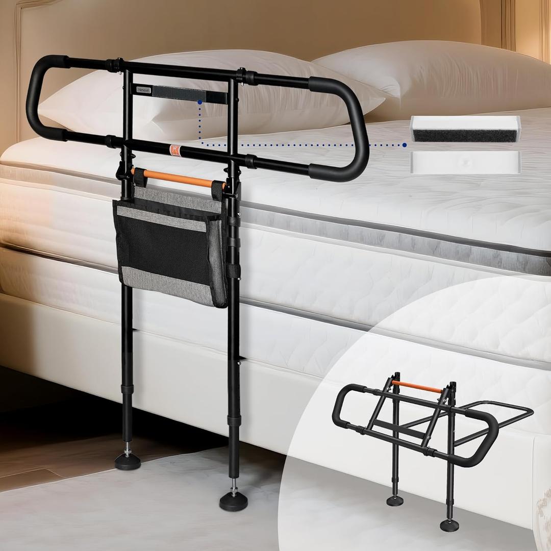 C5 Pro Bed Rails for Elderly Adults Safety - Foldable Bed Assist Rail with Adjustable Height, Bed Cane with Non-Slip Wider Handrail, Motion Sensor Light Fits King Queen Twin Beds