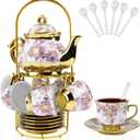 20 Pcs Porcelain Tea Set with Metal Holder, European Ceramic Tea Set for Adults, Adult Tea Set Gift, Flower Tea Cup Saucer Set for Party With Gold Flower Painting (Elegant Purple/500ml)