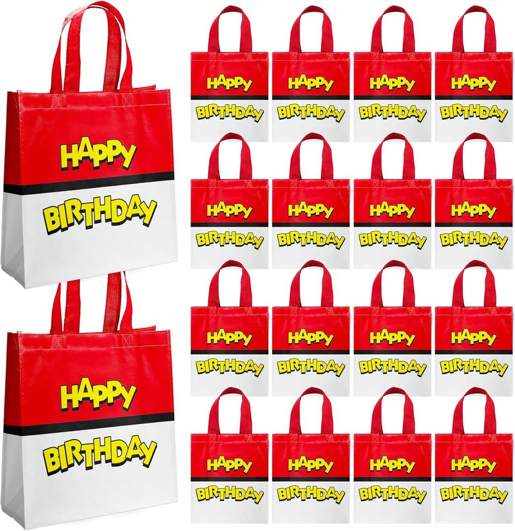 20 PCS Non-Woven Bags Mini Cartoon Red and White Happy Birthday Tote Bags Reusable Goodie Treat Candy Bags Anime Theme Style Party bag for Baby Shower Birthday Party Supplies