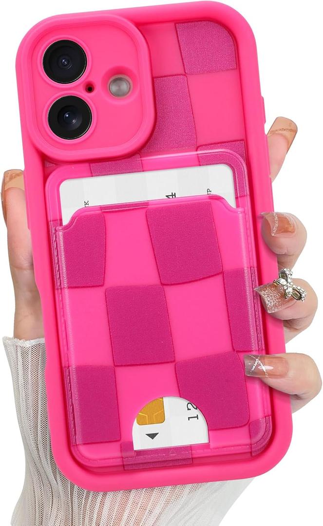 KANGHAR Compatible with iPhone 17 Case 2025, Wallet Silicone Checkered Cute Pattern, Card Holder Camera Protection Soft Slim Shockproof Edge Cover for Girls Women -Hot Pink