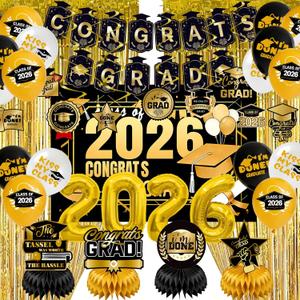 Graduation Party Decorations 2026Black Gold Grad Banner, Class of Backdrop, Balloons, Fringe Curtains and Foil Balloon, Streamers KitComplete Graduation for High School & College Celebrations (Gold)