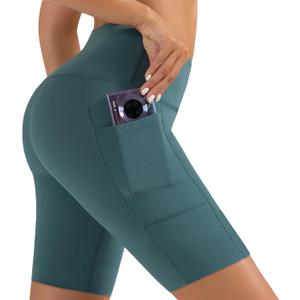 NEW YOUNG Biker Shorts Women with Pockets,5"/8" High Waisted Yoga Shorts Tummy Control for Workout Running (Large-X-Large, 7-dark Green)