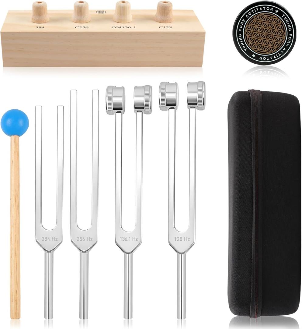 Tuning Forks for Healing Set Includes 128Hz, 136Hz, 256Hz, 384Hz, & Activator, Bamboo Base, Rubber Hammer, Portable in Black Luggage Sound Healing Instruments for Chakra, Yoga, and Meditation (Tuning Fork 5set)