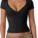 QINSEN Women's V Neck Short Sleeve T Shirts Double Lined Tee Seamed Cup Going Out Tops (Large, Black)