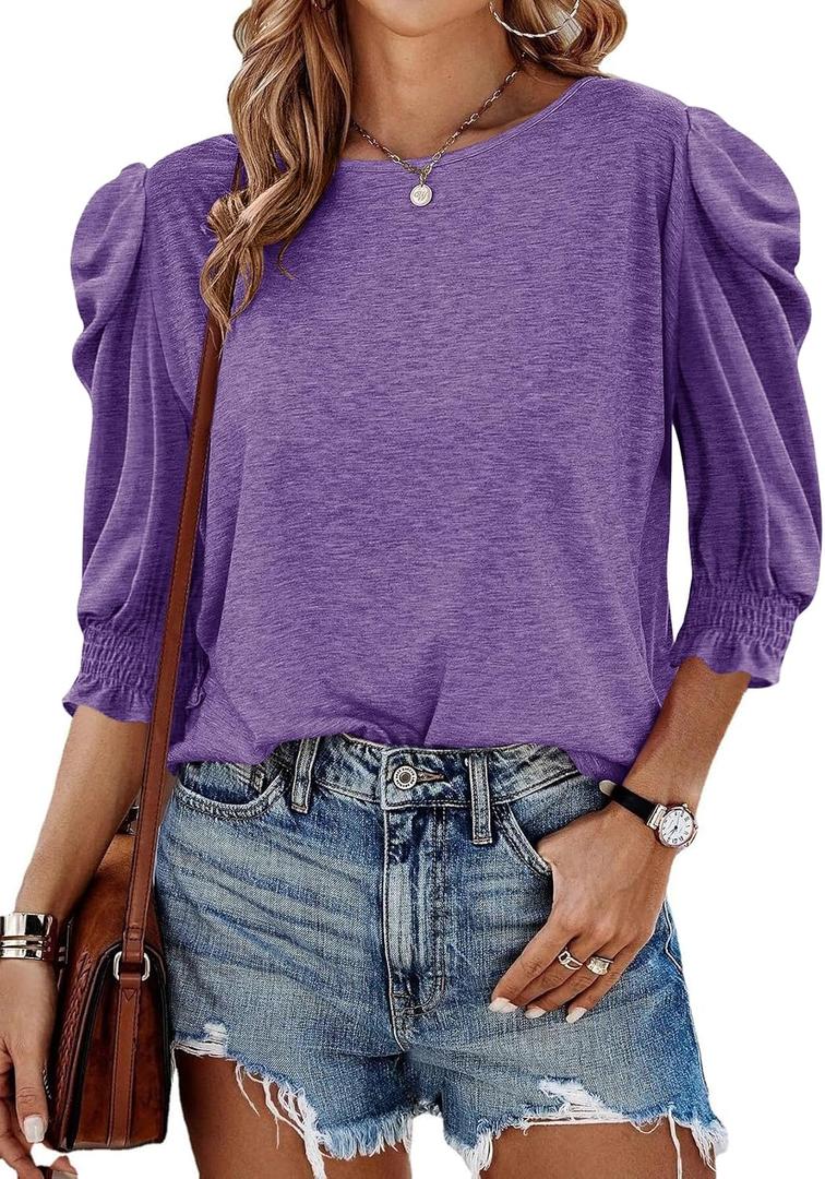 Tankaneo Womens 3/4 Length Sleeve Tops Dressy Casual Blouse Puff Sleeve Cute Trendy T Shirts with Smocked Cuffs (Purple)