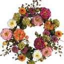 Nearly Natural 24in Artificial Peony Wreath Multicolor Faux Floral Spring Wreath for Front Door, Indoor Wall Decor, and Dining Table Centerpiece