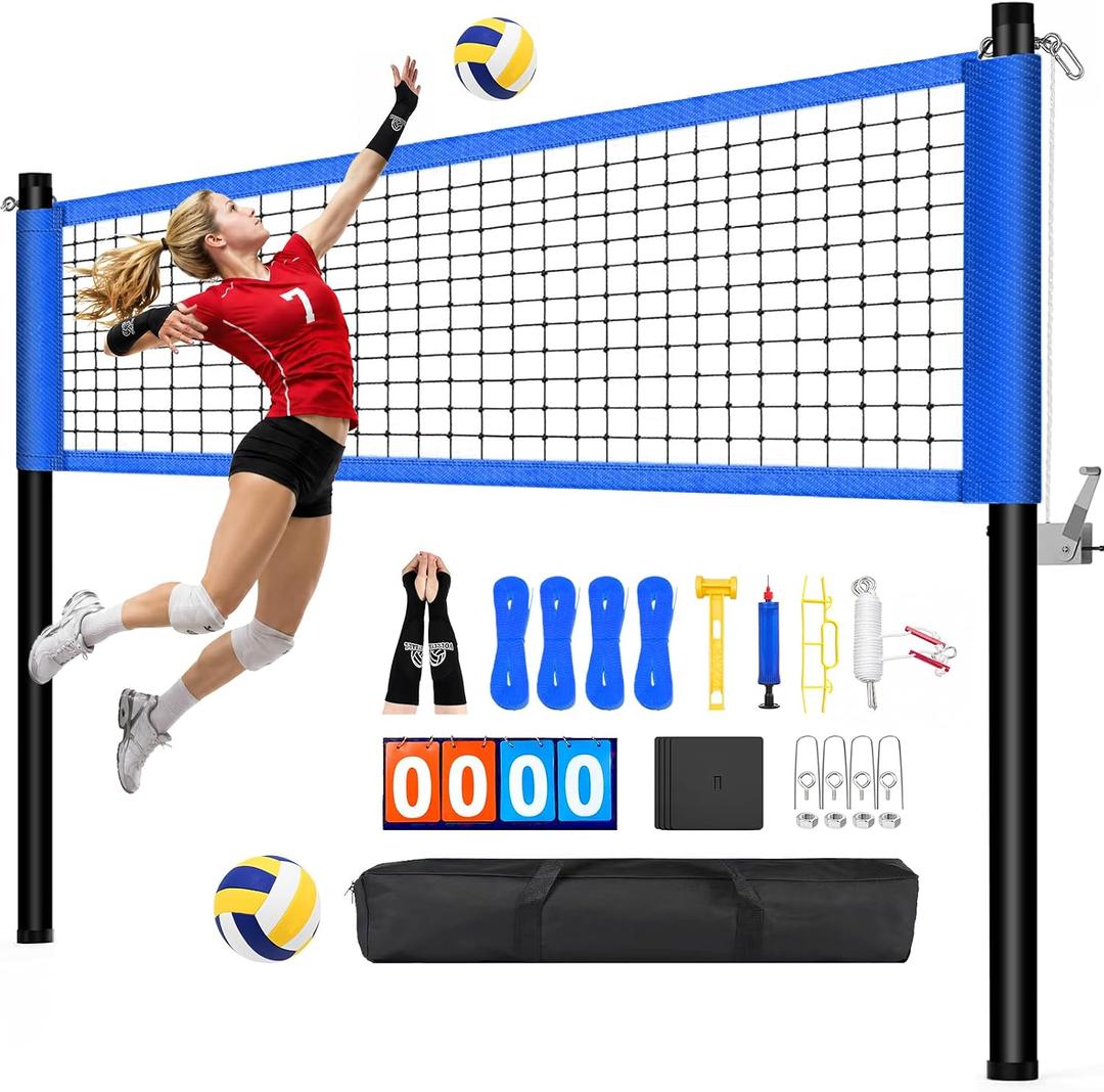 Volleyball Net Set for Backyard Outdoor Games, Heavy Duty No-Sag Portable Volleyball Net with Adjustable Poles, Volleyball & Carry Bag Included for Beach, Lawn & Family Fun