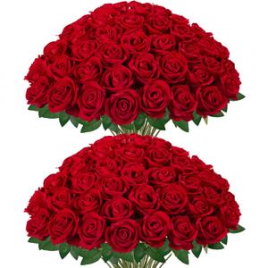 InnoGear 50 Pcs Red Roses Artificial Flowers, Fake Velvet Silk Rose Bulk Faux Flower for Valentine's Gift Decoration DIY Wedding Centerpieces Proposal Bridal Bouquets Party Floral Decor (50, Red)