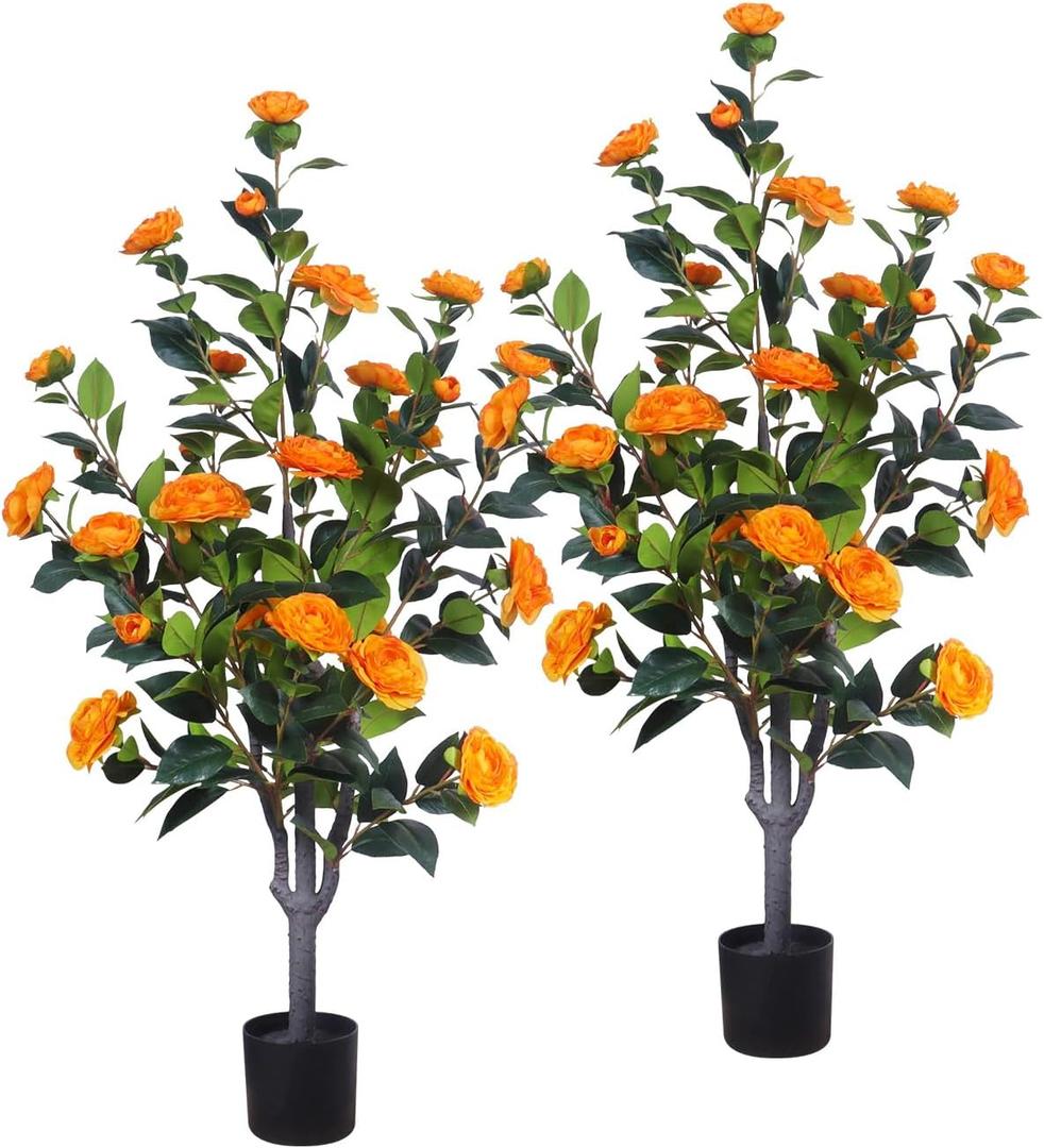 3.2FT Artificial Camellia Tree, Faux Camellia Plant Fake Potted Camellia Flower Tree, Orange Faux Potted Plant, Indoor Outdoor Decor for Home, Office, Porch, Patio, Pack of 2