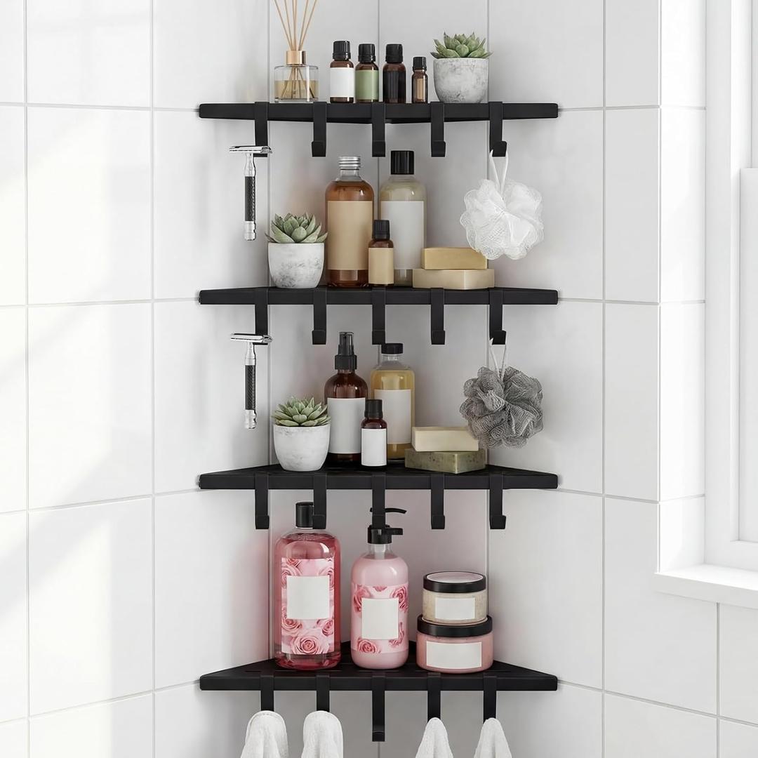 Wenqik 4 Pack 10'' Corner Shower Shelf with Hooks Sturdy 304 Stainless Steel, Space Saving Design Recessed Tile Shower Shelf for Inside, Tiled Walls, Bathroom Organization (Black)