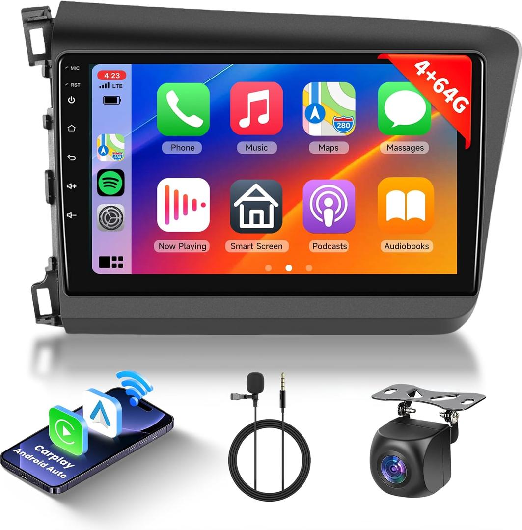 Hodozzy 4G+64G 8 Core Android Car Stereo for Honda Civic 2012 2013 2014 2015 Radio with Carplay Android Auto, 9 Inch IPS Touch Screen Car Radio with GPS, Bluetooth,WiFi,Mirror Link,FM,Backup Camera