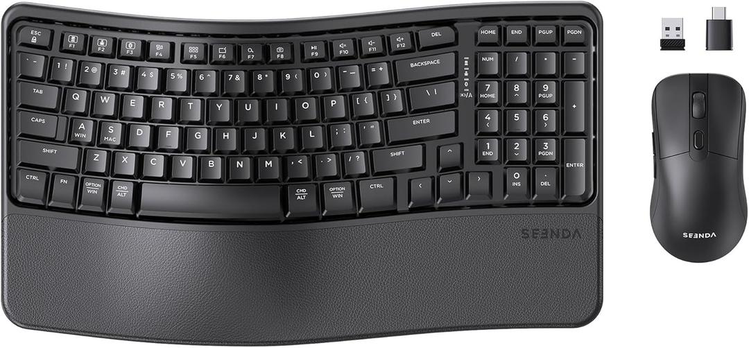 seenda Bluetooth Ergonomic Keyboard and Mouse, COE310 3 Multi-Device Connectivity, Rechargeable Wave Wireless Keyboard Mouse Combo, Compatible for Windows/macOS/PC/Laptop/MacBook/iPad - Black