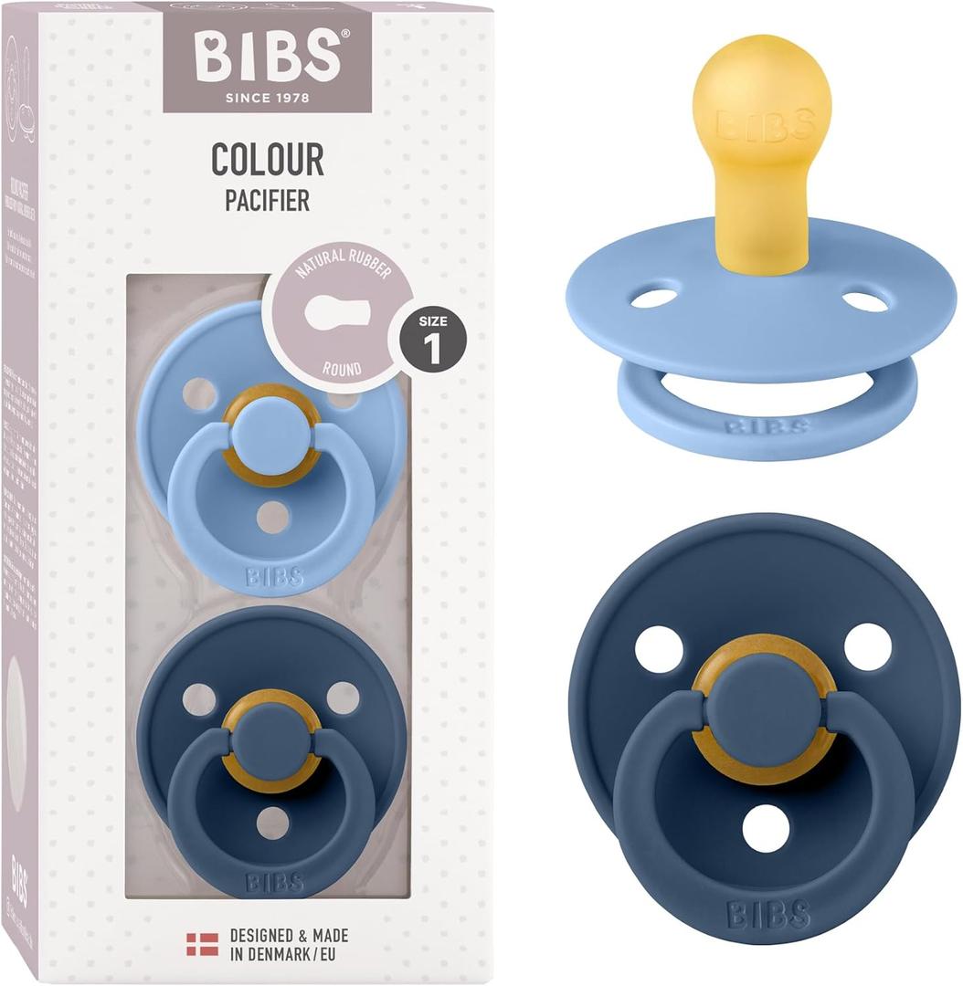 Bibs Colour Pacifier 2-Pack | BPA Free Soother, Round Nipple. Natural Rubber Latex, (Size 2 (6-18 Month), Sky Blue / Steel Blue)