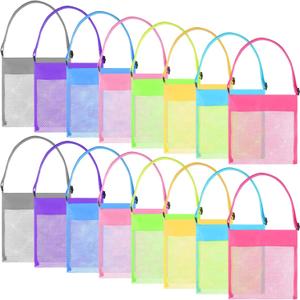 Tuparka 16 Pcs Colorful Mesh Beach Bags - Sea Shell Bags with Adjustable Carrying Straps for Kids